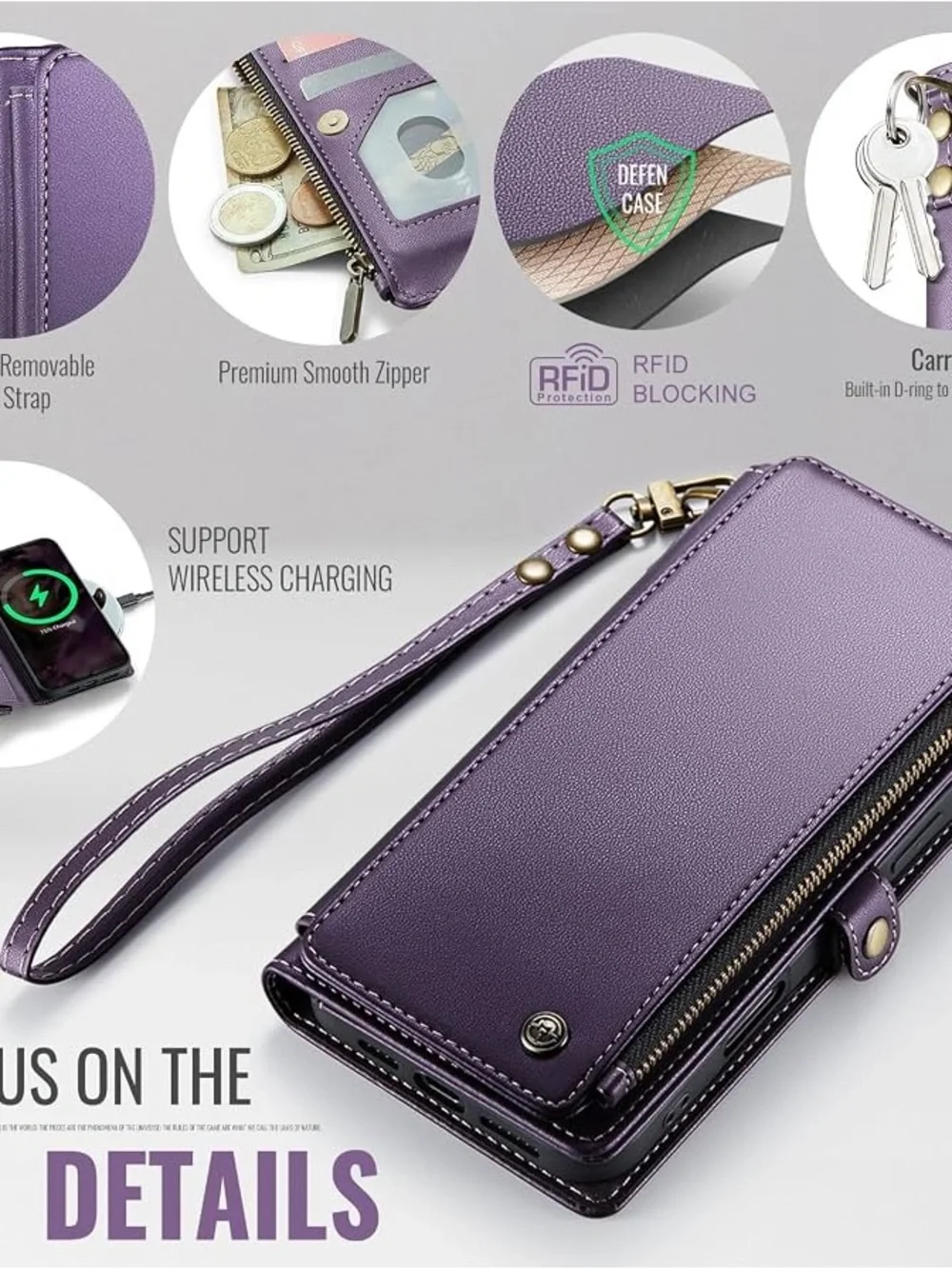 Women's Purple Leather Wallet Wristlet - Elegant Zip Closure